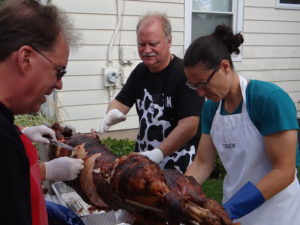 Mike, Bill and Joy attend to the pickin